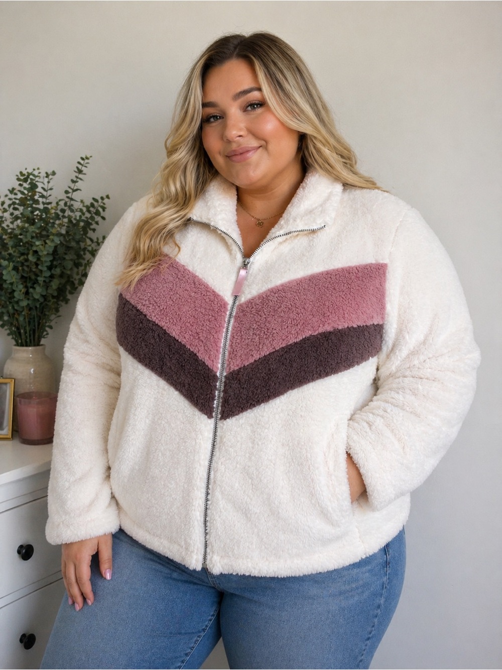 Torrid Size 1 Cream Sherpa Fleece Chevron Zip Jacket Mauve Brown Plus